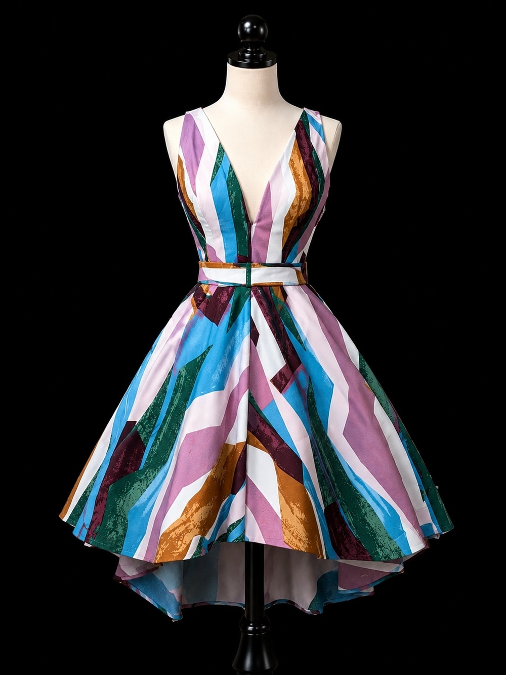 Luxxel Multicolor Striped High-Low V-Neck Dress